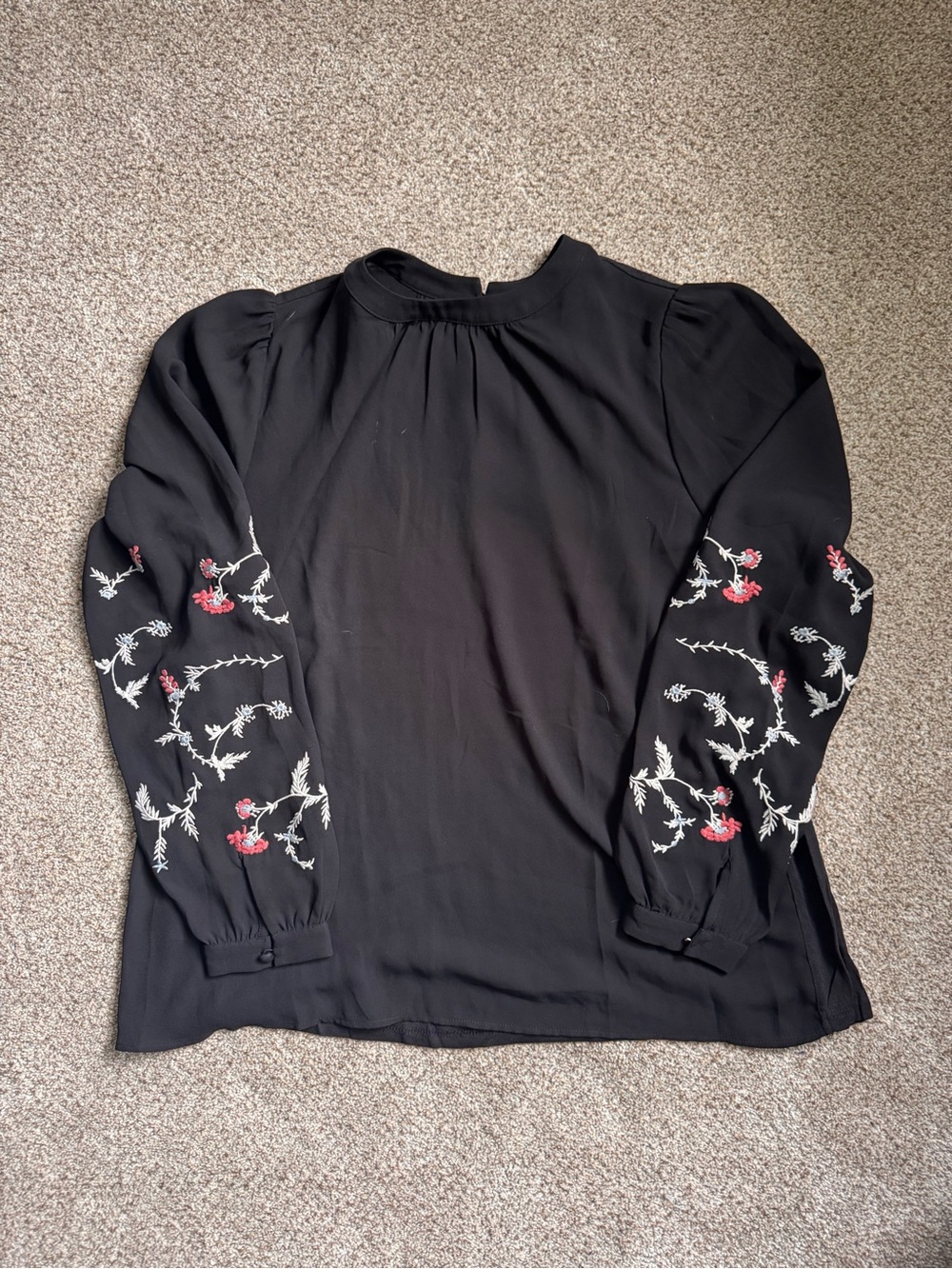 LOFT Black Long-Sleeve Blouse with White & Red Floral Embroidery size small